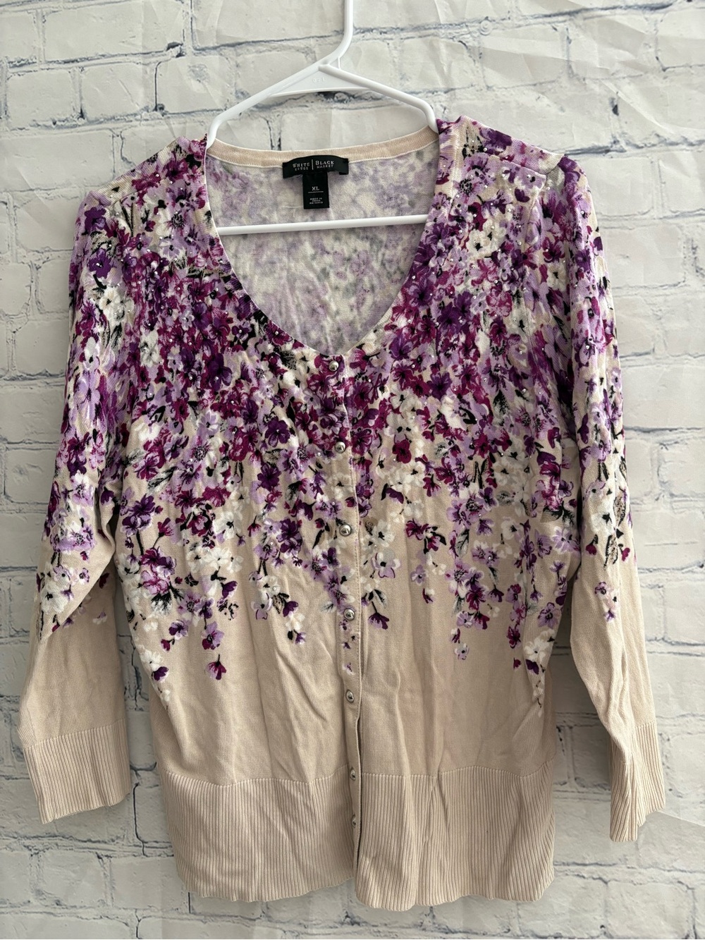 White House Black Market Floral Print Cardigan Sweater purple/beige size xl